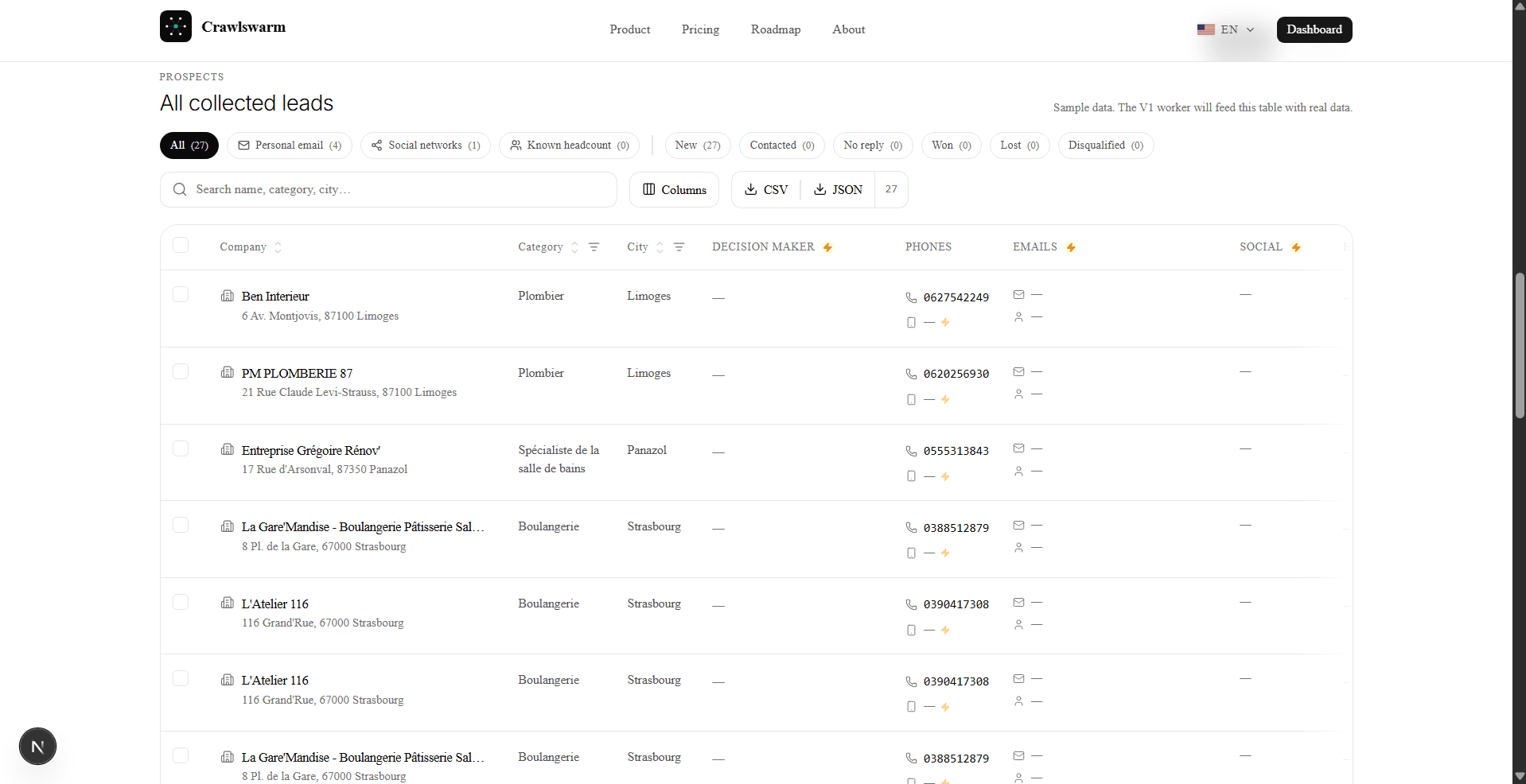 Prospects — collected leads with category, city, phones, emails and socials, plus CSV/JSON export