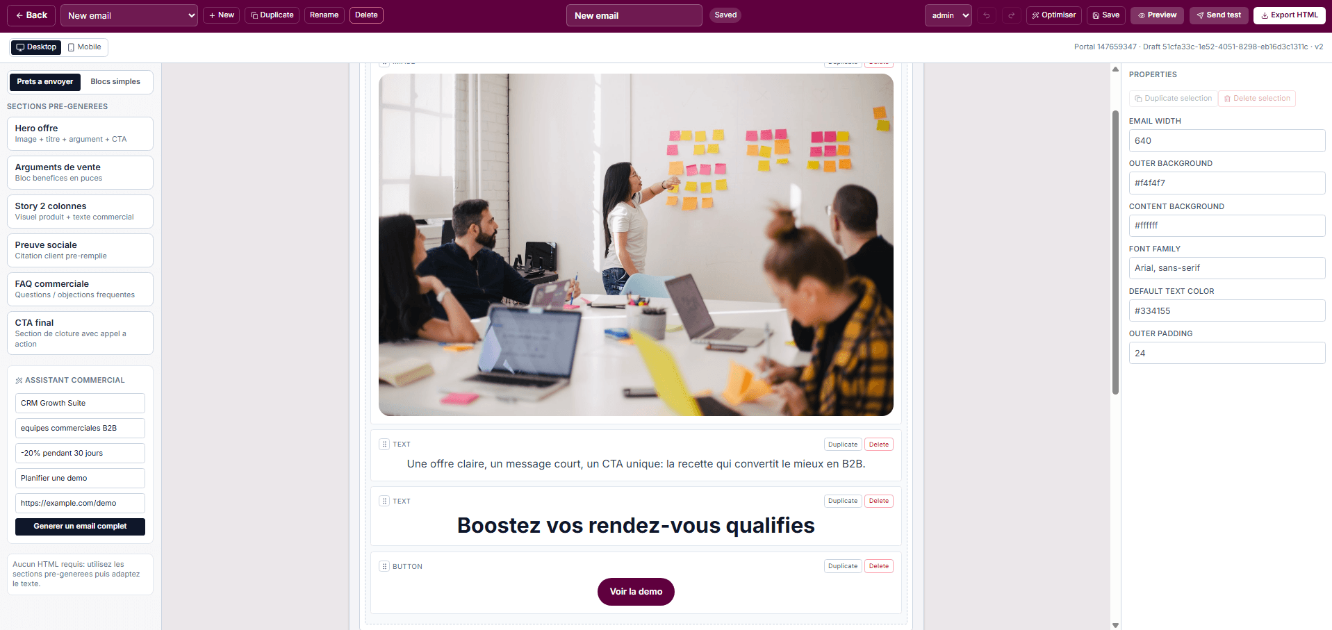 Builder landing & email — preview live avec panneau de réglages
