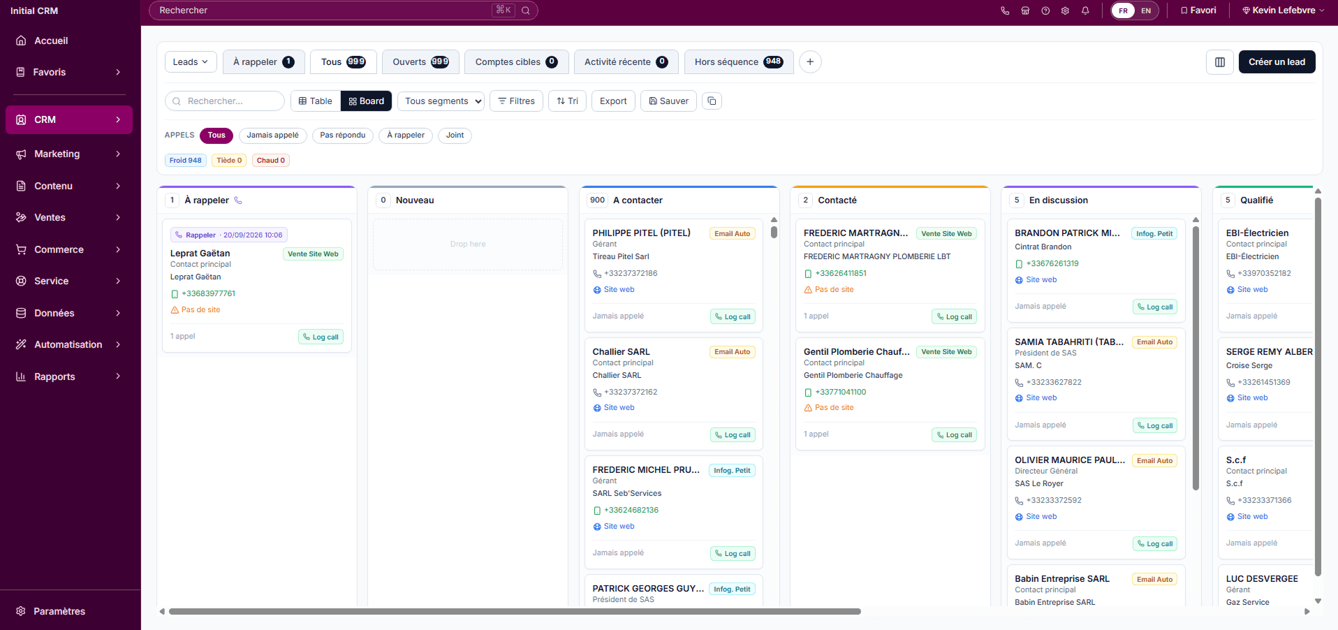 Vue pipeline — drag-and-drop des leads entre les étapes