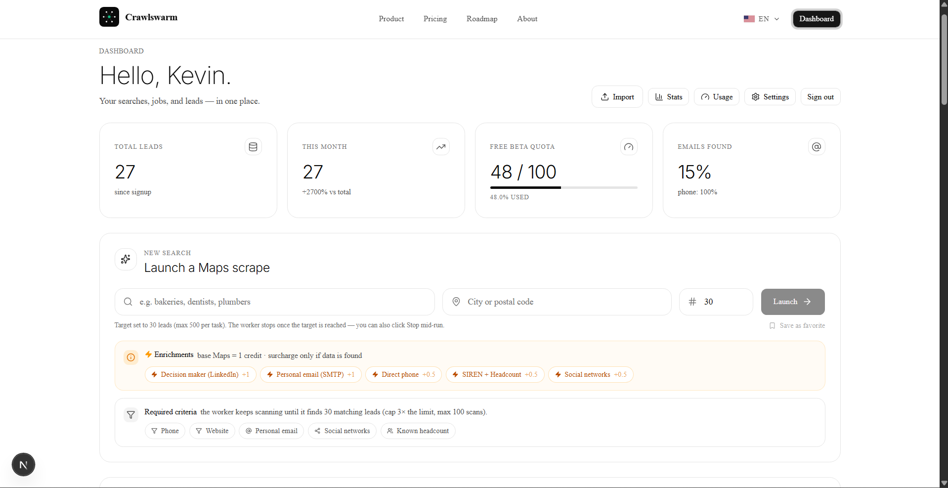 Interface du tableau de bord Crawlswarm